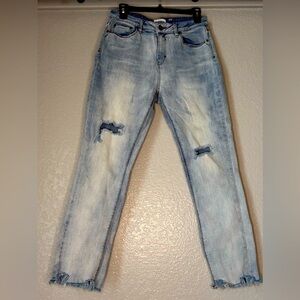 High Rise Mom Jeans Distressed Raw Hem tapered leg ankle Sz 29 a loves a